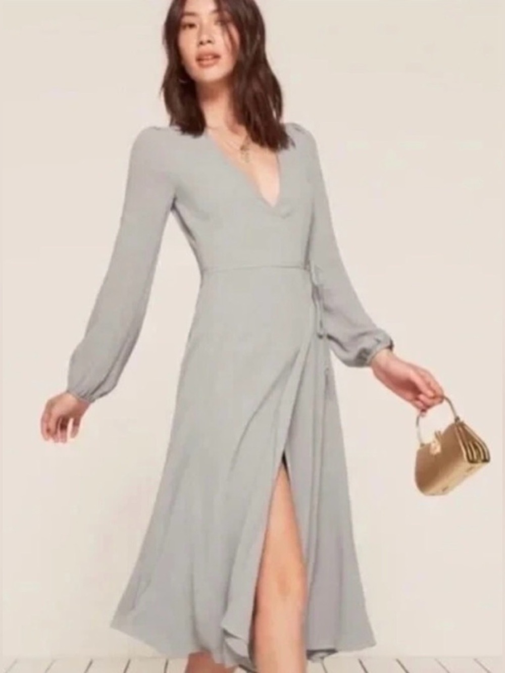 Reformation Nicole Wrap Midi Dress gray long sleeve tie waist viscose size XS